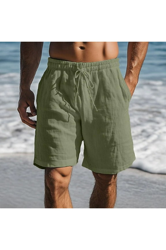 Mens Linen Shorts Casual Elastic Waist Drawstring Summer Beach Shorts Pockets Classic Fit Shorts