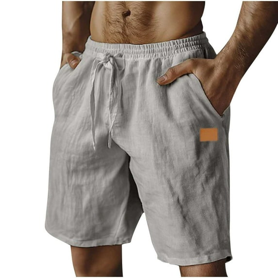 Mens Linen Shorts Casual Elastic Waist Drawstring Summer Vacation Beach Shorts with Pockets Lounge Sweatpants