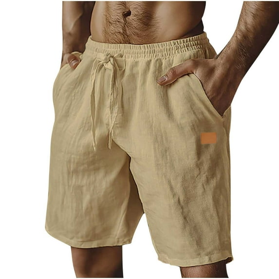 Mens Linen Shorts Casual Elastic Waist Drawstring Summer Vacation Beach Shorts with Pockets Lounge Sweatpants