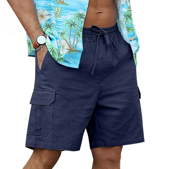 Mens Linen Shorts Casual Solid Color Elastic Waist Straight Knee Length Shorts Breathable Beach Shorts