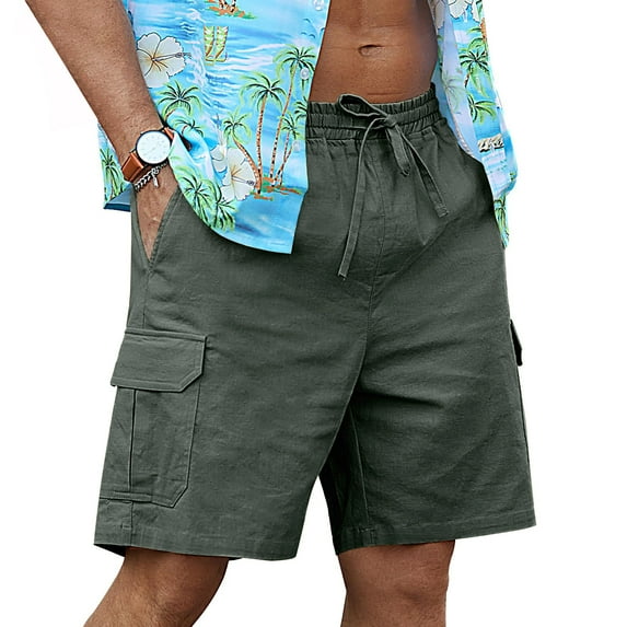 Mens Linen Shorts Casual Solid Color Elastic Waist Straight Knee Length Shorts Breathable Beach Shorts