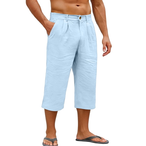 Mens Linen Shorts Elastic Waist Shorts Casual Summer Lightweight Cotton Linen Pants with Pockets Light Blue L