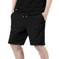 thumbnail image 1 of Mens Linen Shorts Men's Knitted Drawstring Shorts Vintage Elastic Waist Sports Knee Length Loungewear Home Shorts with Pockets Black L, 1 of 6