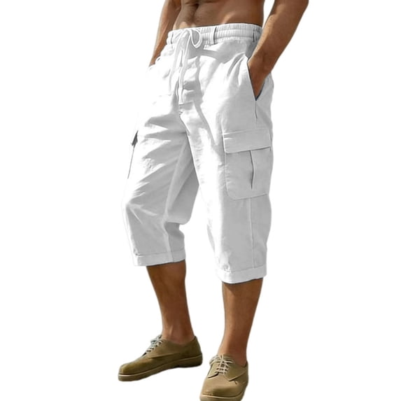 Mens Linen Shorts with Pockets Under Knee Length Stretch Waist Loose Fit Shorts Casual Breathable Lightweight Drawstring Cargo Shorts