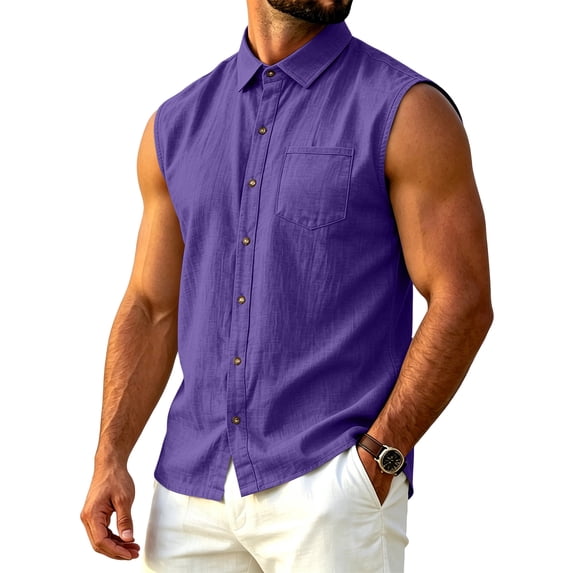 Mens Linen Sleeveless Button Down Collared Tank Tops Summer Casual Beach Muscle Tanks Cut Off Casual Tops with Pocket