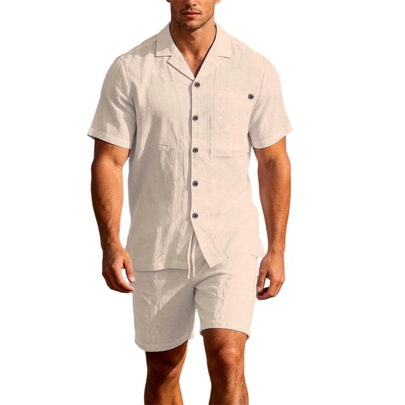 Mens Linen Suit 2 Piece Outfits Big and Tall Short Sleeve Button Down T-Shirt & Elastic Waist Shorts with Pockets Sets Casual Tracksuits Loungewear 2026 Summer Vacation Outfits