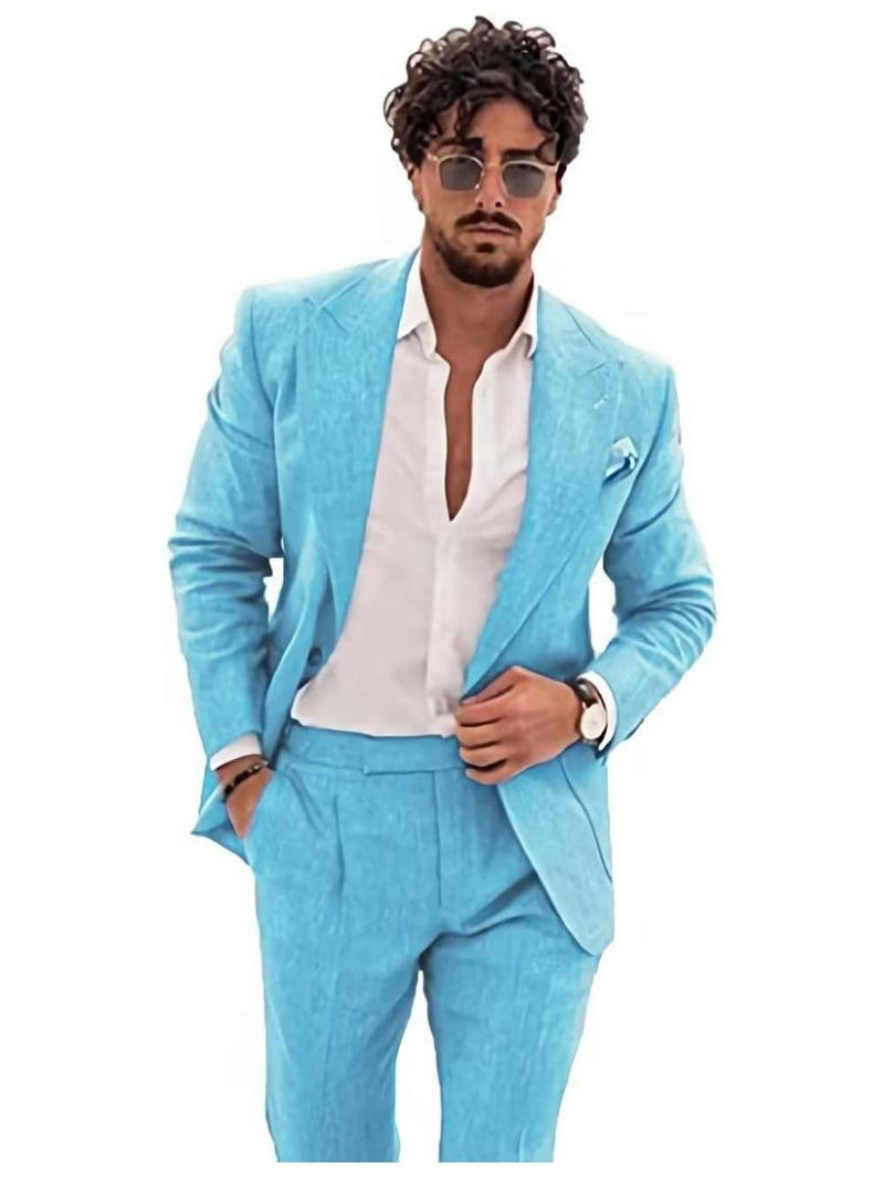 Mens Linen Suit 2 Piece Slim Fit Wedding Suit for Men Groosmen Prom Linen  Jacket Pant Set Sky Blue XXS - Walmart.com