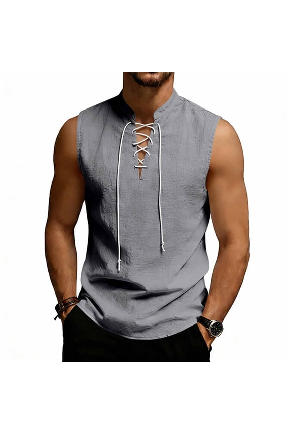Mens Linen Summer Tank Tops Sleeveless Shirts for Men with Drawstring Deep V Neck Casual Lightweight Stand Collared Beach Tanks