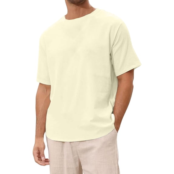 Mens Linen T-Shirts, Short Sleeve Shirts for Men Summer Dressy Casual Vintage Big & Tall Solid Color Crewneck Tees T Shirts M-5XL