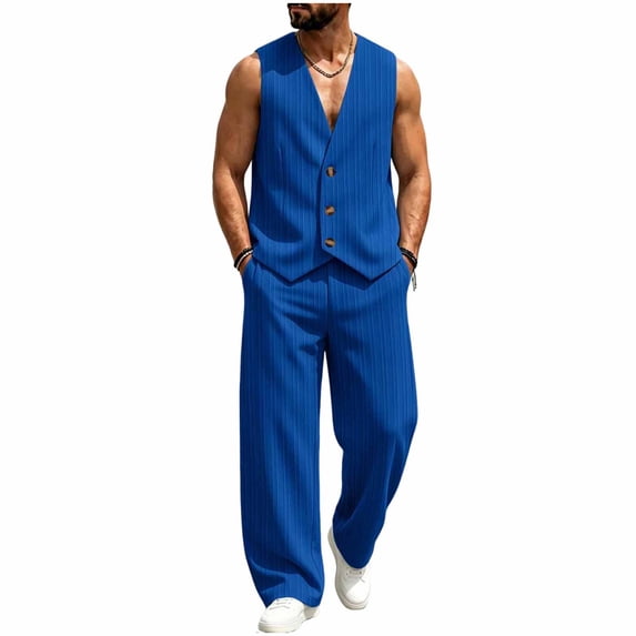 Mens Linen Textured Sets 2 Piece Outfits Sleeveless V Neck Shirt Vest and Pants Set Vacation Outfit for Men Summer Beach Suits Blue