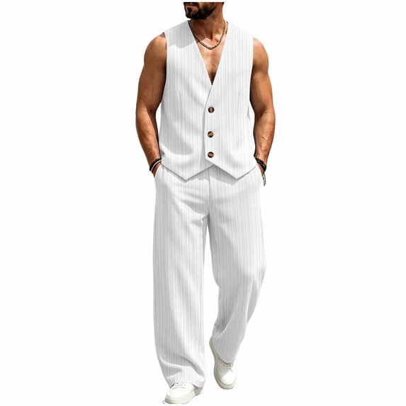 Mens Linen Textured Sets 2 Piece Outfits Sleeveless V Neck Shirt Vest and Pants Set Vacation Outfit for Men Summer Beach Suits White