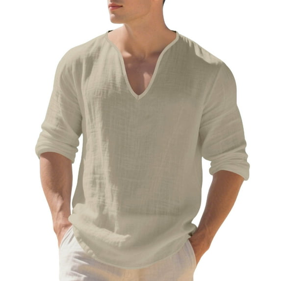 Mens Linen Tops V Neck Long Sleeve Solid Color Loose Tshirts Beach Travel Tees Casual T-shirts for Men (2XL, Khaki)