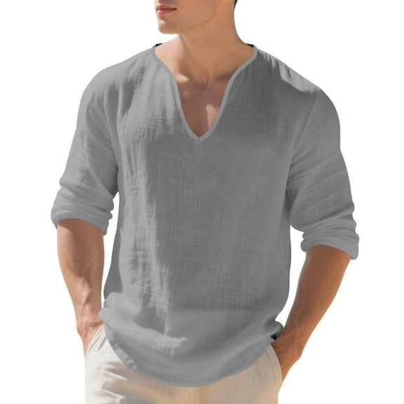 Mens Linen Tops V Neck Long Sleeve Solid Color Loose Tshirts Beach Travel Tees Casual T-shirts for Men (3XL, Gray)