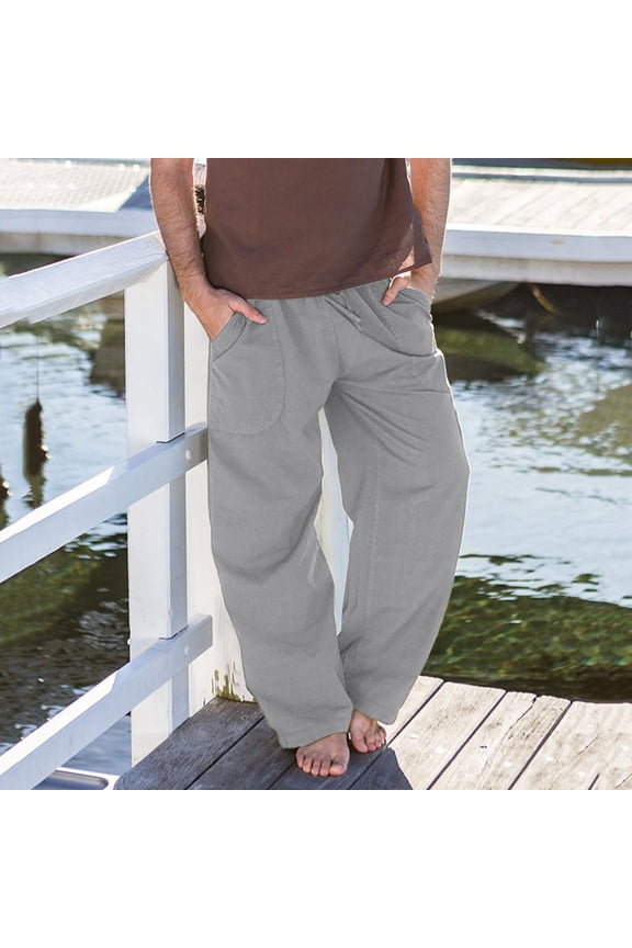 Mens Linen Yoga Pants Elastic Waist Drawstring Beach Loose Fit Casual Tapered Trousers Men's Summer Fashion Drawstring Elastic Solid Color Loose Casual Trousers