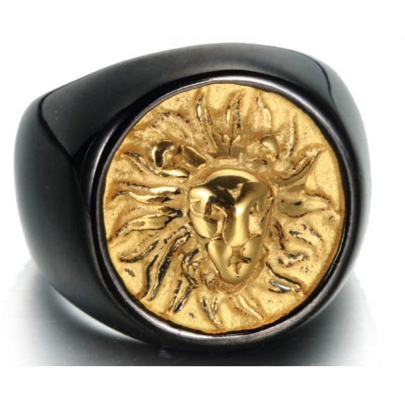 Mens Lion Head Ring Titanium Steel Geometric Handmade European American Travel Souvenir Gold Black Gift Bold Design