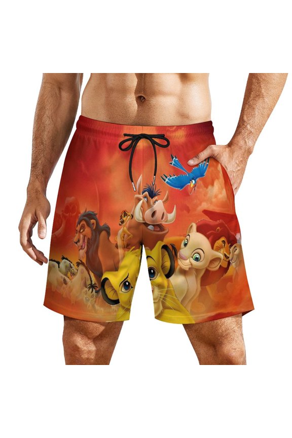 Mens Lion Kin Swim Trunks with Compression Liner Stretch Board Shorts 2 in 1 Quick Dry Swimwear Bathing Suits