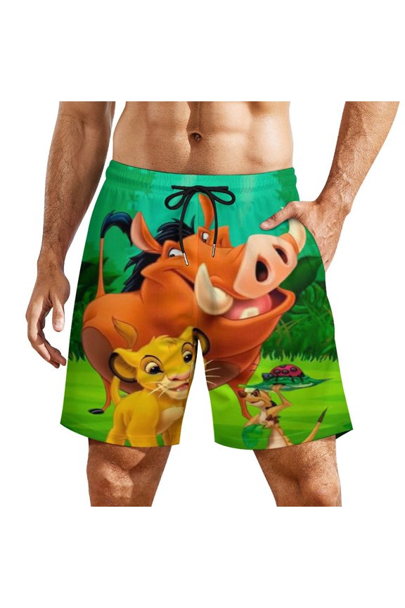 Mens Lion Kin Swim Trunks with Compression Liner Stretch Board Shorts 2 in 1 Quick Dry Swimwear Bathing Suits