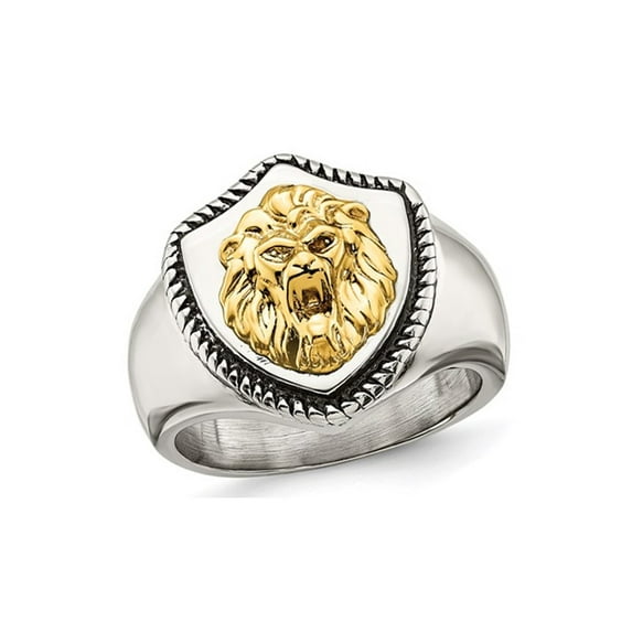 Gem & Harmony Mens Lion On Shield Antiqued Stainless Steel Ring for Men