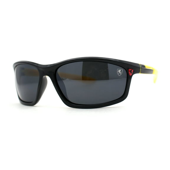 Mens Lion Shield Emblem 90s Racer Rectangle Wrap Sunglasses Black Yellow