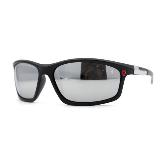 Mens Lion Shield Emblem 90s Racer Rectangle Wrap Sunglasses Matte Black Silver