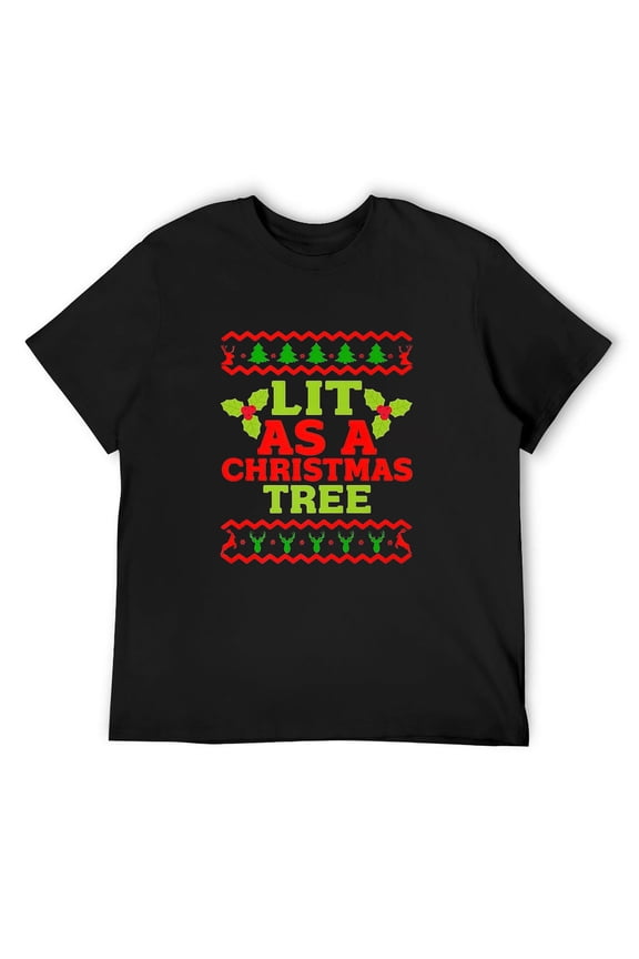 Mens Lit As A Christmas Tree Funny Xmas T-Shirt Black 4X-Large