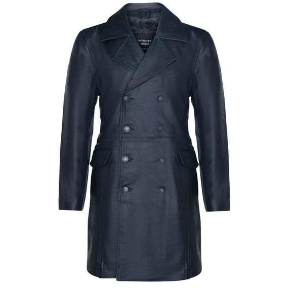 Mens Long Black Cowhide Leather Peacoat-Ellesmere in Black