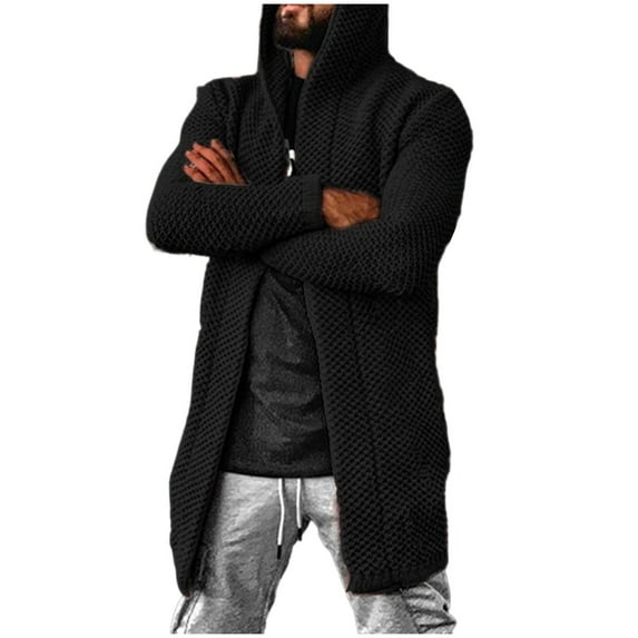 Mens Long Cardigan Hoodies Knit Sweaters Full Zip Long Sleeve Casual Warm Outerwear Fashion Regular Fit Hooded Coat (L, Black)