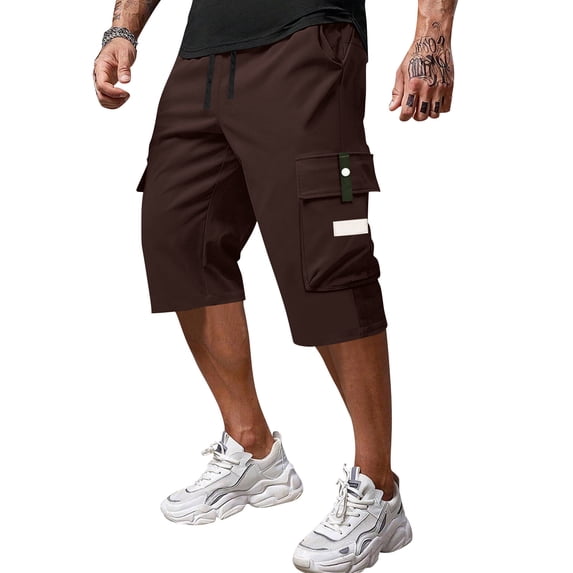 Mens Long Cargo Shorts Below Knee Elastic Waist Shorts Long Blew Knee Capri Big and Tall Cargo Short Pants Multi-Pocket Relaxed Fit Running Hiking Bottom,Brown 2XL