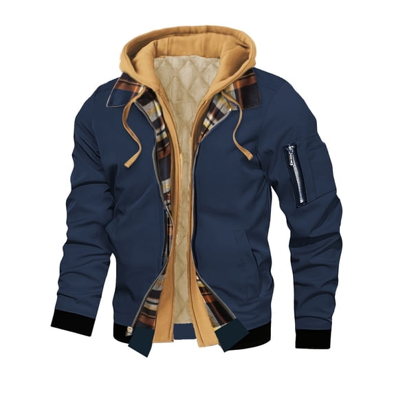Mens Long Coat Men's Patchwork Hooded Jackets Thick Warm Solid Color Flannel Plaid Patchwork Zipper Thermal Outwear Coat Streetwear Navy L