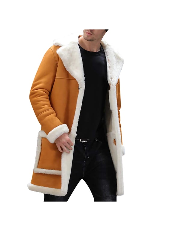 Mens Long Faux Fur Collar Suede Jacket Sherpa Lined Fleece Shearling Trench Coat Warm Military Cargo Trucker Aviator Lapel Jacket Outwear