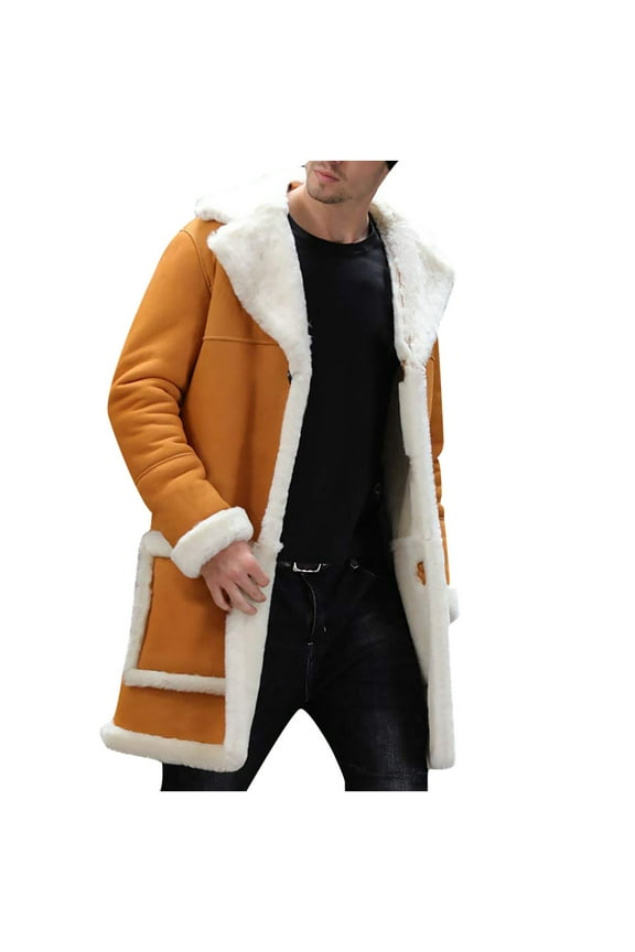 Mens Long Faux Fur Collar Suede Jacket Sherpa Lined Fleece Shearling Trench Coat Warm Military Cargo Trucker Aviator Lapel Jacket Outwear