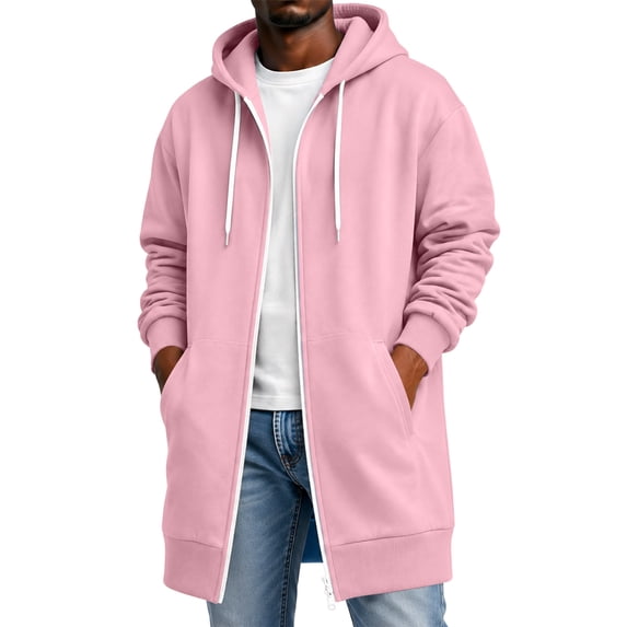 Mens Long Hoodies Full Zip Fleece Lined Long Sleeve Drawstring Hooded Cardigan Jacket Open Front Sweatshirt