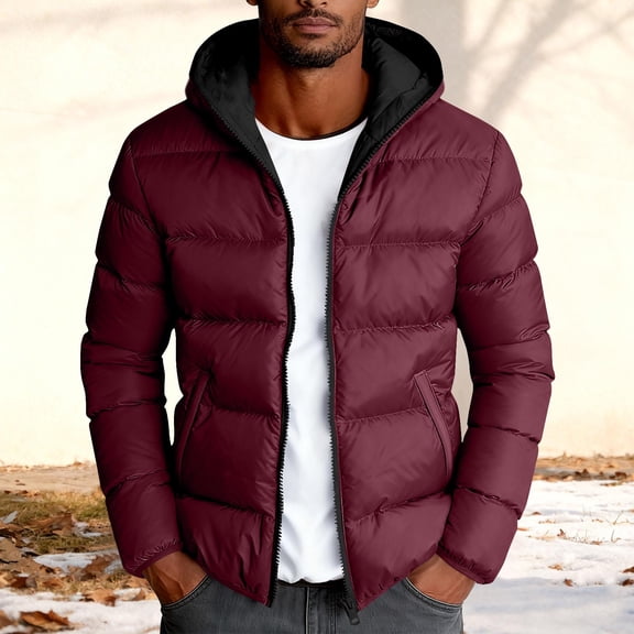 Mens Long Jackets Men's Full Zip Quilted Jackets Solid Color Long Sleeve Hooded Warm Fashion Casual Winter Padded Outwear Coats with Zip Pockets Wine L
