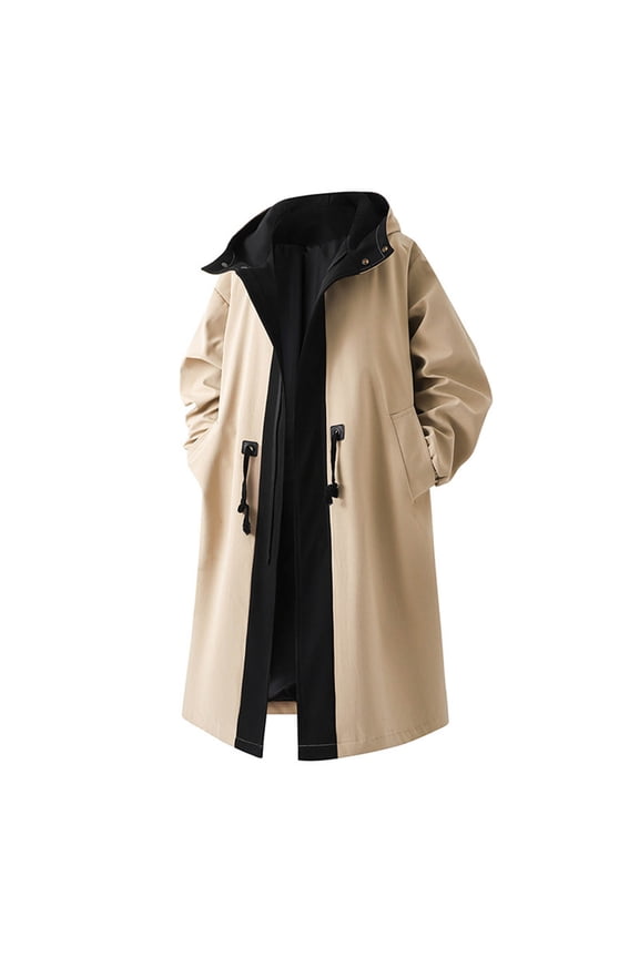 Mens Long Plush Trench Coat With Hood Color Block Mid Length Belted Long Sleeve Windbreaker Jacket