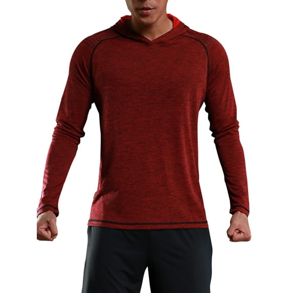 Mens Long Sleeve Active Sports Shirts With Hooded Performance Lightweight Crew Neck Tee Moisture Wicking T-Shirt