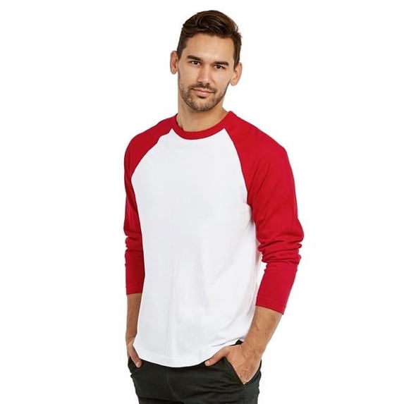 Mens Long Sleeve Baseball Tee, Red & White - Large
