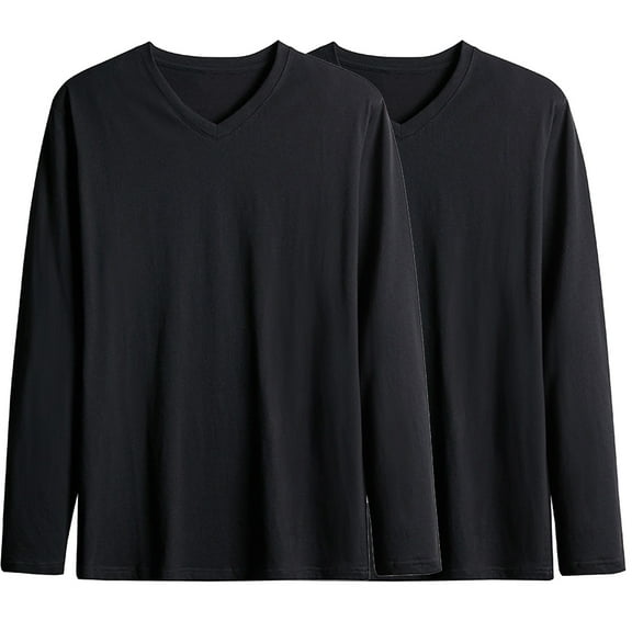 Mens Long Sleeve Basic Tops 2 Pack Big & Tall V Neck Cotton Undershirts Casual Loose Layering Tops Pullover Black, 3XL
