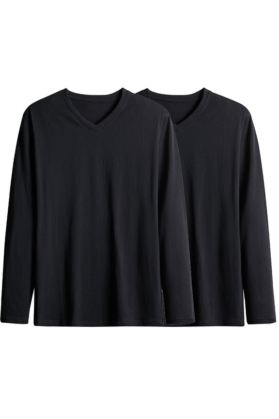 Mens Long Sleeve Basic Tops 2 Pack Big & Tall V Neck Cotton Undershirts Casual Loose Layering Tops Pullover Black, 3XL