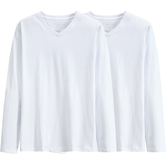 Mens Long Sleeve Basic Tops 2 Pack Big & Tall V Neck Cotton Undershirts Casual Loose Layering Tops Pullover White, L
