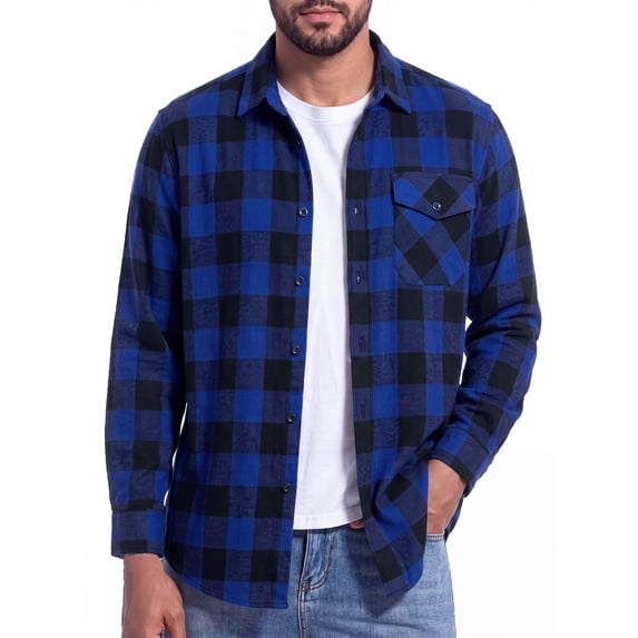 Mens Flannel Shirts Blue Buffalo Plaid Button Down Shirts Long Sleeve with Pocket XL