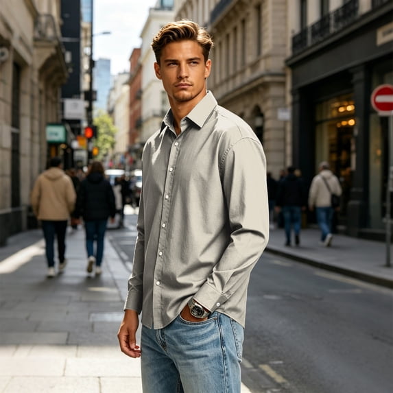 Mens Long Sleeve Button Down Shirt Casual Collared Dress Top Work Office Wear Solid Color Lightweight Comfortable Fit for Daily Use Beige L