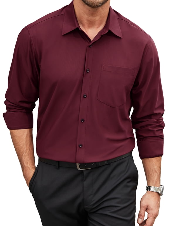 Men's Red Dress Shirts Wrinkle Resistant Stretch Button Up Shirts Long Sleeve Office Formal