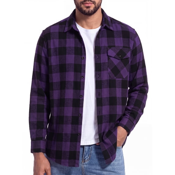 Flannel Shirts for Men Purple and Black Buffalo Plaid Shirts Long Sleeve with Pocket L