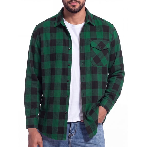 Mens Flannel Shirts Green Buffalo Plaid Button Down Shirts Long Sleeve with Pocket 2XL
