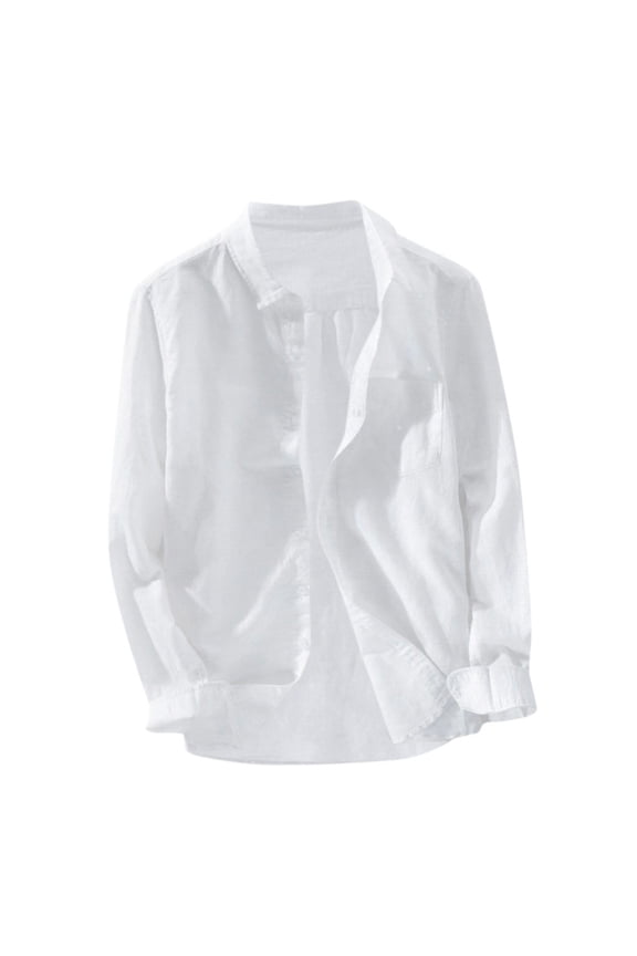 Mens Long Sleeve Button Down Shirt with Pocket Lapel Neck Lightweight Plain Casual Top Comfy Loose Beach Shirt (Medium, White)