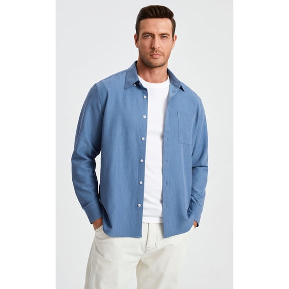 Mens Long Sleeve Button Down Shirts Casual Denim Shirt Oxford Collar with Pocket L