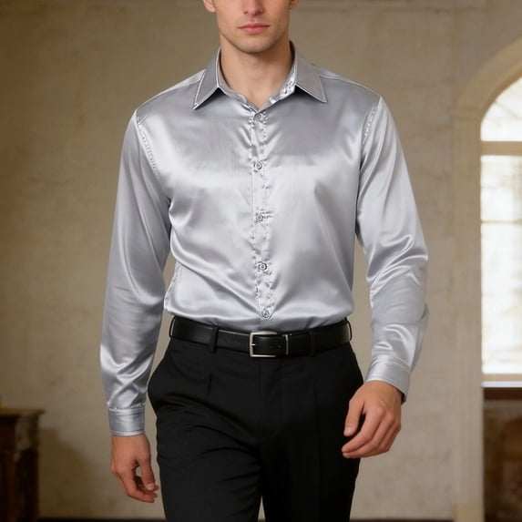 Mens Long Sleeve Button Down Shirts Casual Lightweight Basic Shirts Loose Comfortable Fashion Daily Wear Grey Size XL