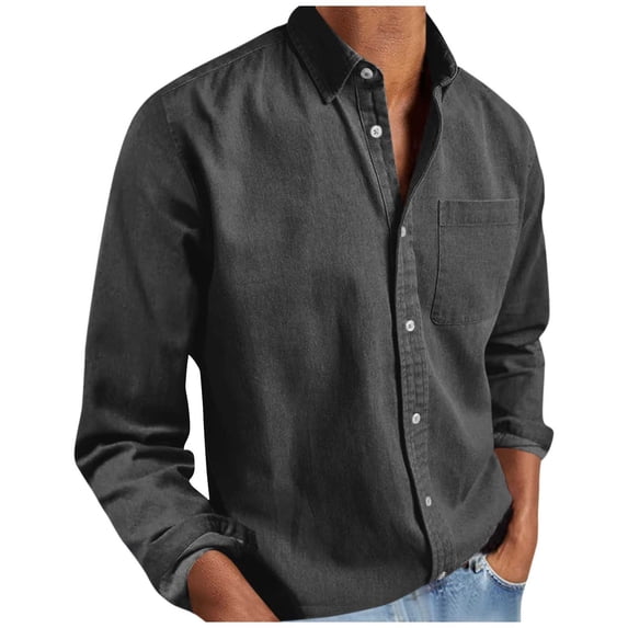 Mens Long Sleeve Button Down Shirts Casual Solid Color Lapel Shirt Regular Fit Blouse with Pocket
