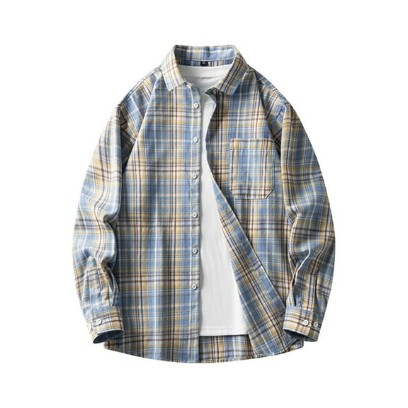 Mens Long Sleeve Button Down Shirts Checkered Flannel Tops Fall Casual Button-Up Blouses Lapel Plaid Shirt Trendy Loose Fit Plaid Blouses