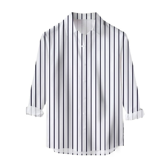 Mens Long Sleeve Button Down Shirts Stripe Slim Fit Top Blouse Fashion Work Shirts For Men White XXL